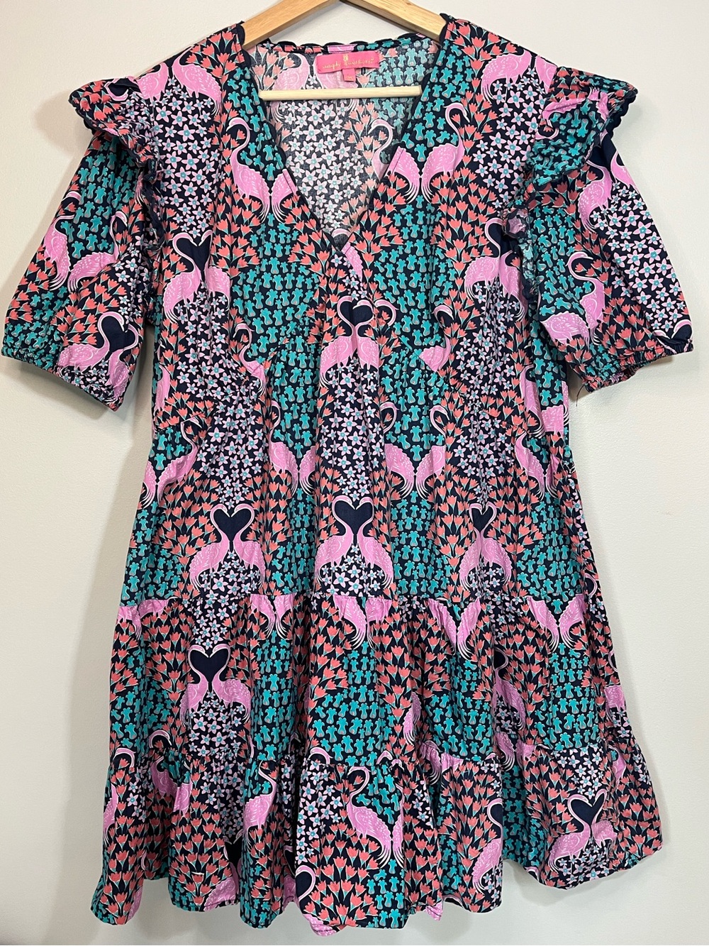 Simply Southern Pink Teal Navy Flamingo Print Dress